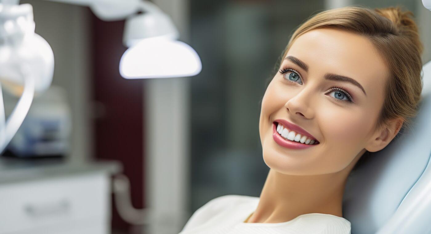 Woman in dental chair smiling during preventive dentistry checkup