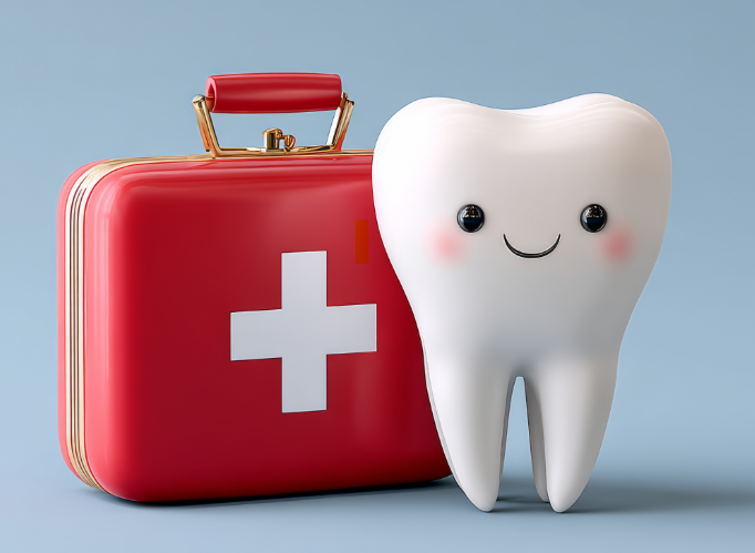 3D tooth cartoon with first aid kit