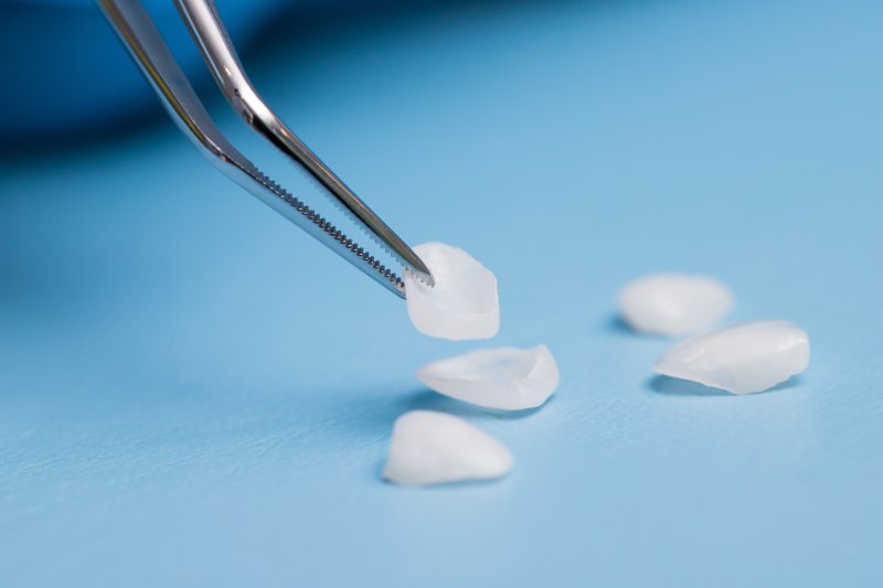 Tweezers holding one of several veneers against a light blue background